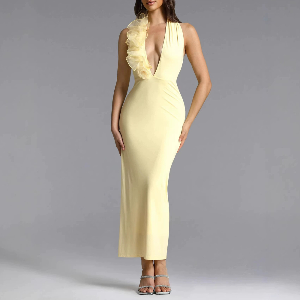 Forever 21 Summer Light Yellow Halter Backless Ruffle Bodycon Maxi Dress